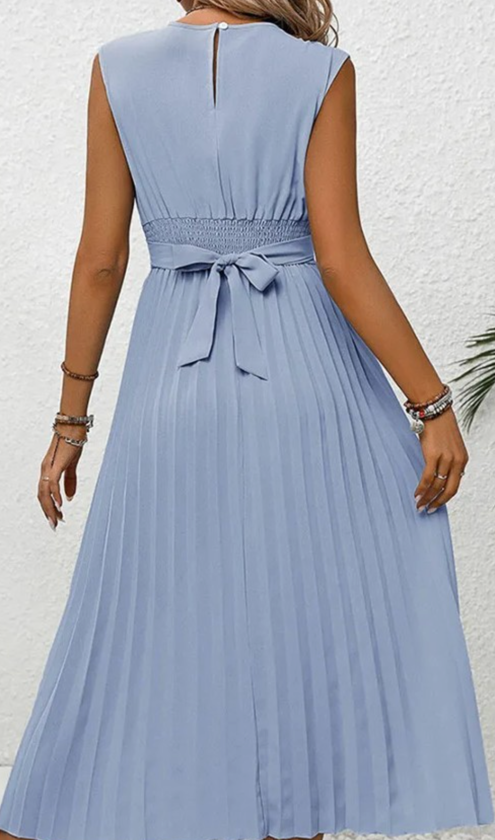 Powder Blue Boat Neck Pleated Midi Dress