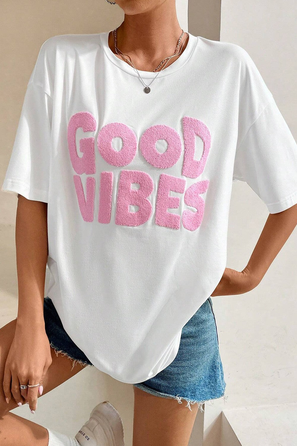 White 'GOOD VIBES' Embroidered Oversize Crewneck