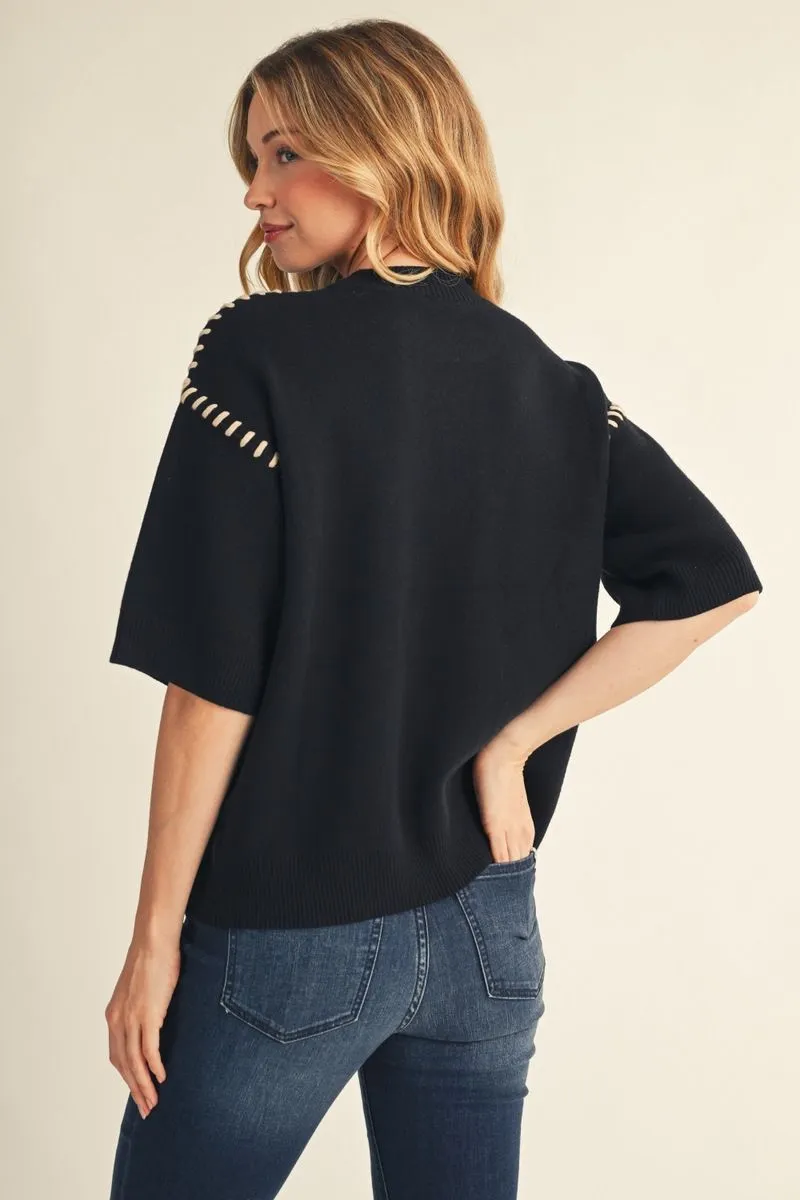 Black Short Sleeve Sweater Shirt w/ Accent Stitch
