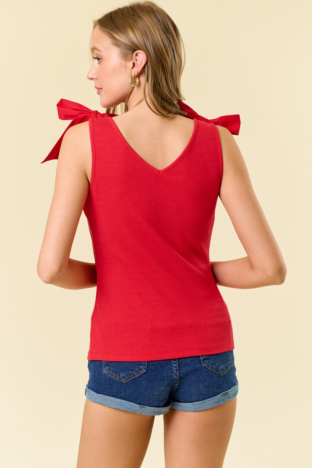Red Ribbed V-Neck Tank w/ Bow Tie Details