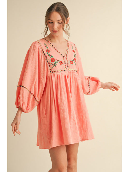 Peach Mini Dress w/ Embroidered Bodice