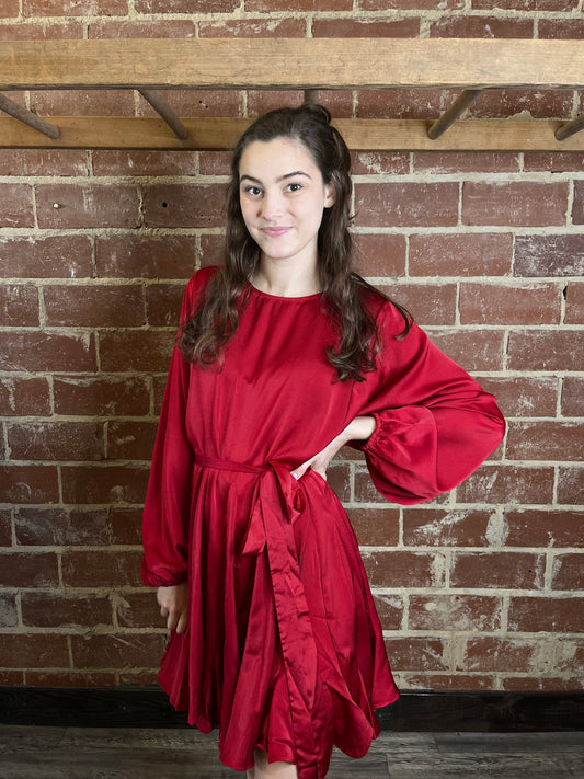 Red Long Sleeve Silk Mini Dress