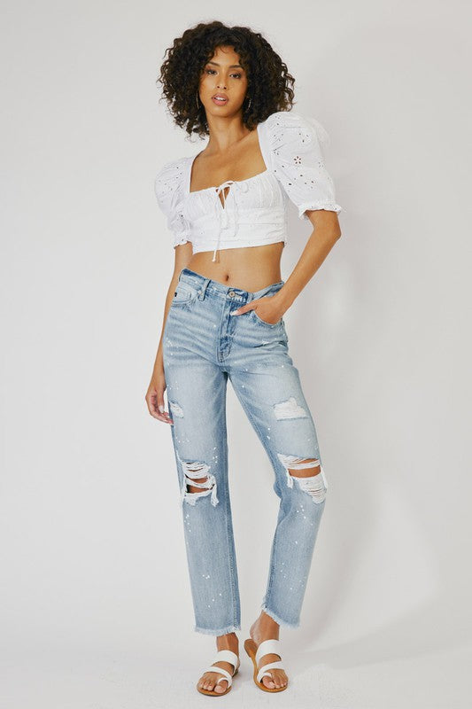 High Rise Slim Straight Distressed Jeans