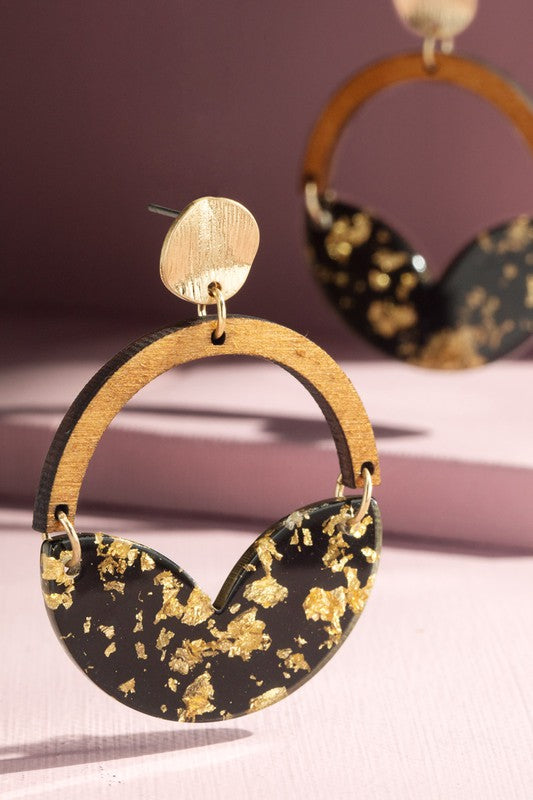 Half Moon Wood + Acrylic Drop Earrings w/ Gold Accents