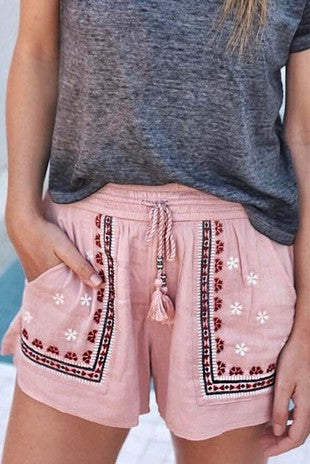 Pink Drawstring Embroidered Shorts w/ Pockets