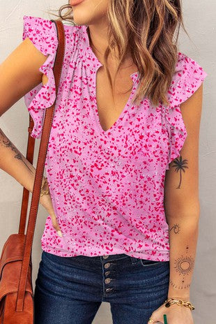 Hot Pink Leopard Print V Neck Blouse w/ Ruffle Sleeves