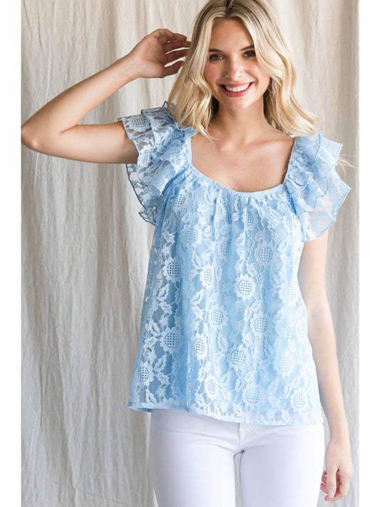 Sky Blue Lace Sleeveless Blouse with Ruffle Shoulders