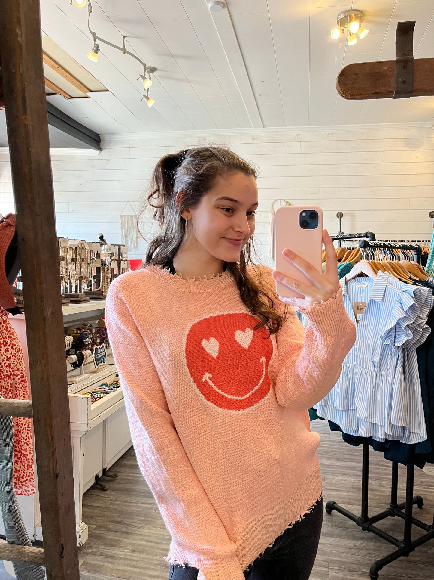 Pink Heart Smiley Distressed Sweater