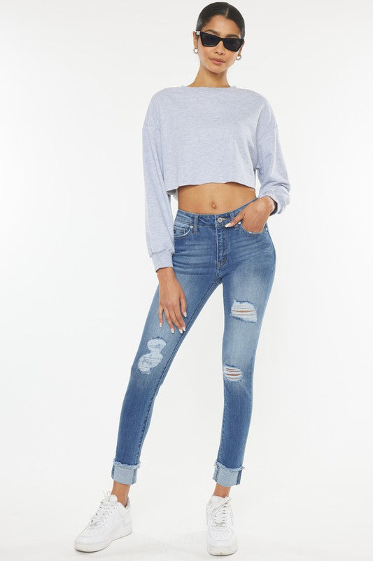 High Rise Distressed Skinny Jeans w/ Cuff Ankles