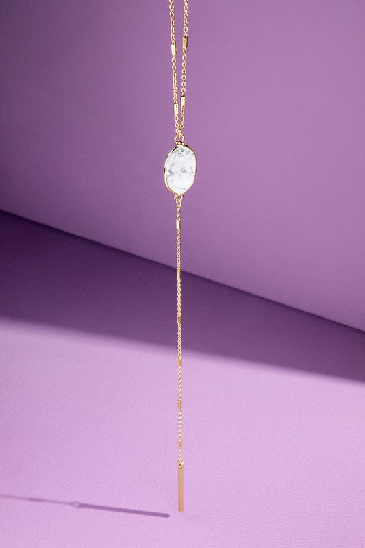 Long Gold Pendant Necklace with Natural Stone + Simple Gold Stud Set