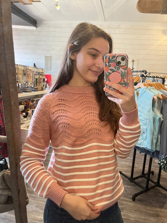 Pink Striped Textured Knit Sweater
