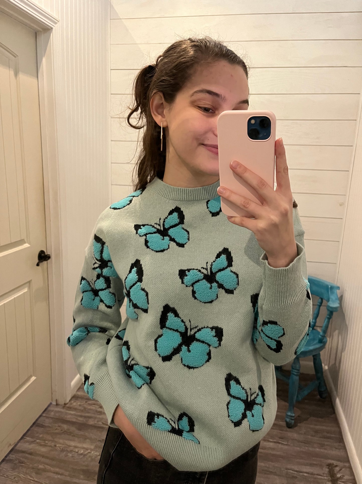 Teal Butterfly Print Sweater